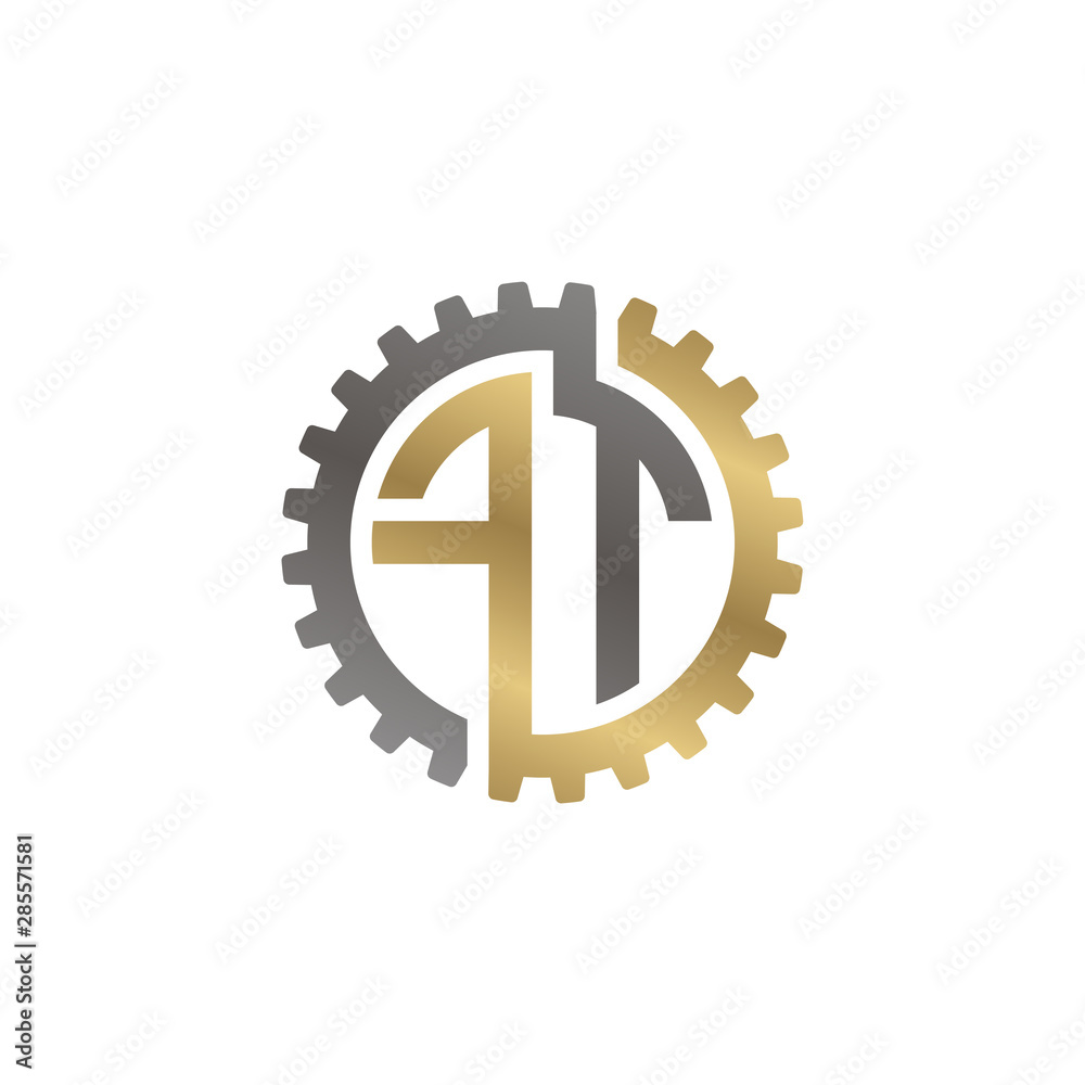 Initial letter F and T, FT, interlock cogwheel gear logo, black gold on white background Initial letter F and T, FT, interlock cogwheel gear logo, black gold on white background