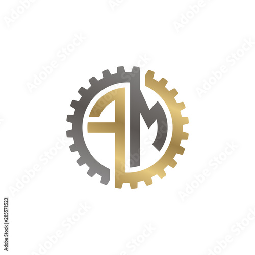 Initial letter F and M, FM, interlock cogwheel gear logo, black gold on white background