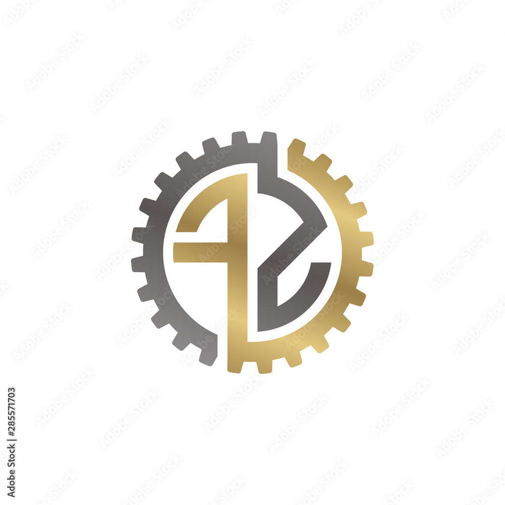 Initial letter F and Z, FZ, interlock cogwheel gear logo, black gold on white background Initial letter F and Z, FZ, interlock cogwheel gear logo, black gold on white background