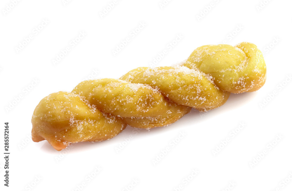 twisted bread donuts with sugar isolated on white