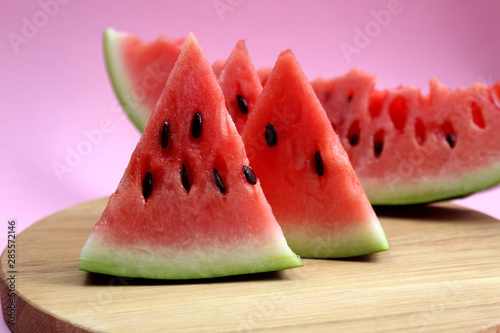 Slices of fresh juicy watermelon on a table
