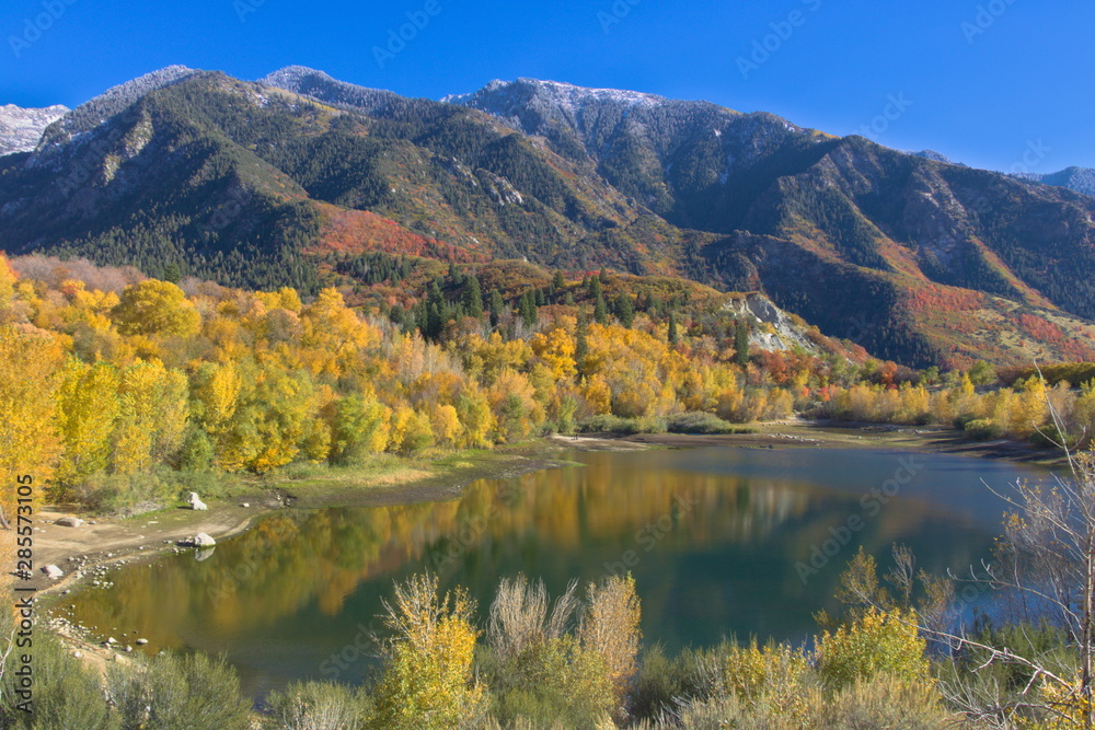 Bells Canyon Reservoir in October with snowcapped Wasatch Mountains