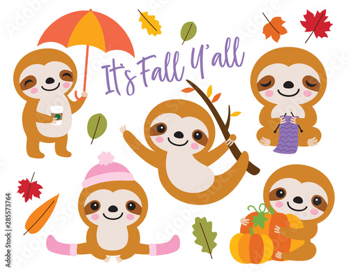 Vector illustration of cute baby sloth with Fall or Autumn theme.