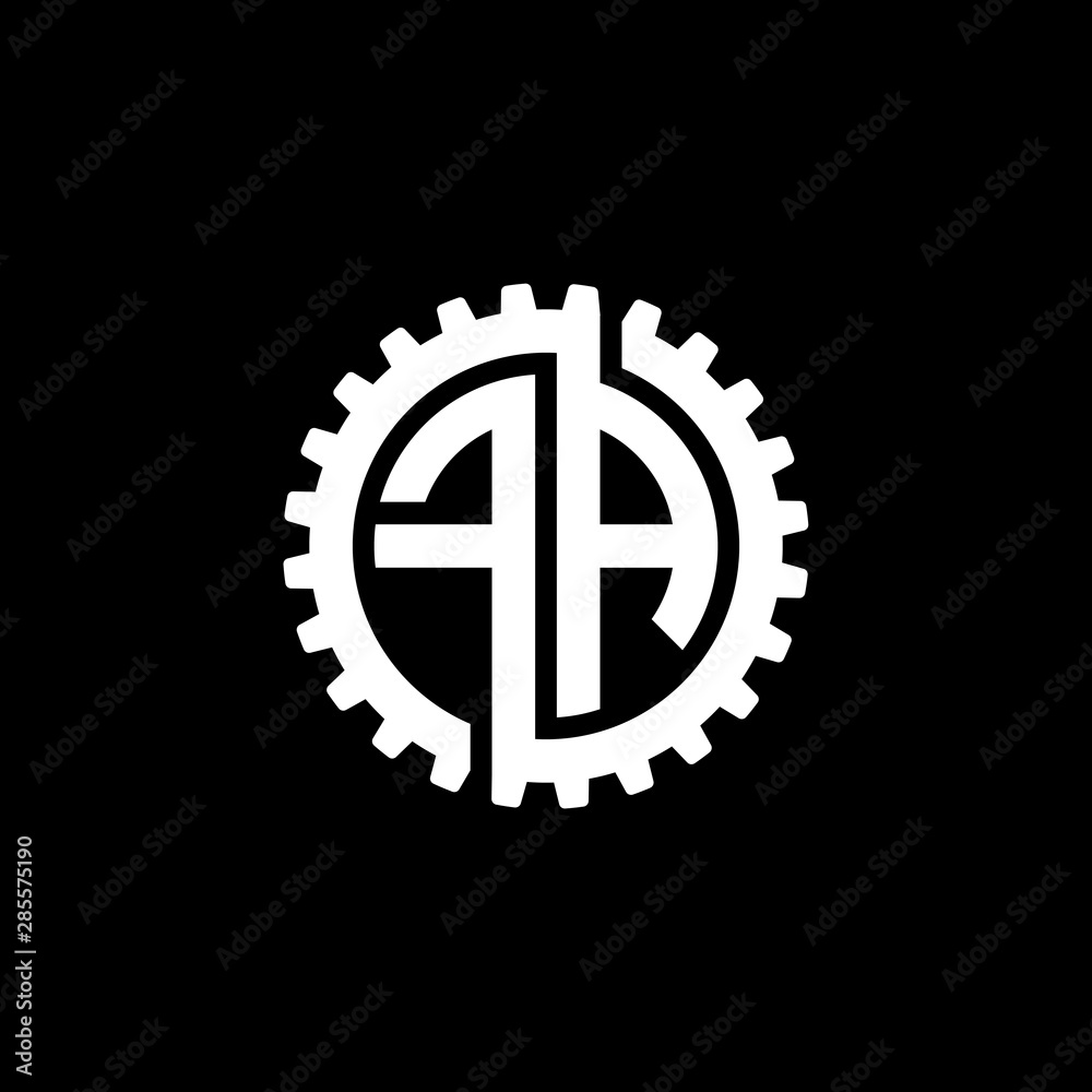 Initial letter F and A, FA, interlock cogwheel gear monogram logo, white color on black background Initial letter F and A, FA, interlock cogwheel gear monogram logo, white color on black background