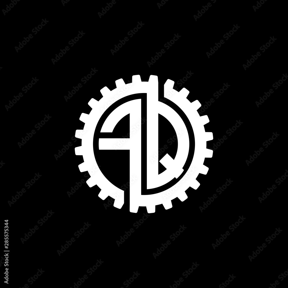 Initial letter F and Q, FQ, interlock cogwheel gear monogram logo, white color on black background Initial letter F and Q, FQ, interlock cogwheel gear monogram logo, white color on black background