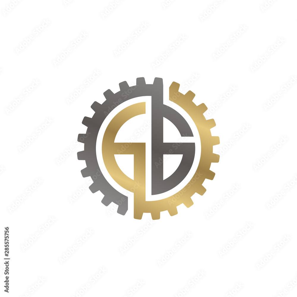 Initial letter G and G, GG, interlock cogwheel gear logo, black gold on white background Initial letter G and G, GG, interlock cogwheel gear logo, black gold on white background