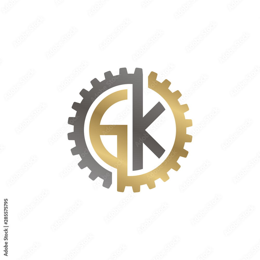 Initial letter G and K, GK, interlock cogwheel gear logo, black gold on white background Initial letter G and K, GK, interlock cogwheel gear logo, black gold on white background