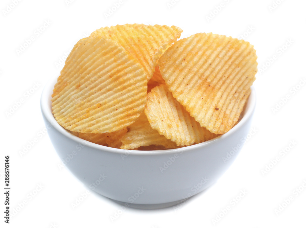 Potato chips on bowl isolated on white Potato chips on bowl isolated on white