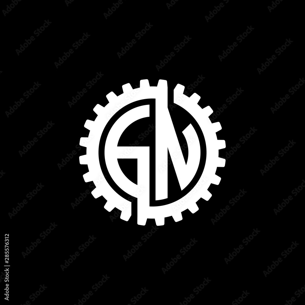 Initial letter G and N, GN, interlock cogwheel gear monogram logo, white color on black background Initial letter G and N, GN, interlock cogwheel gear monogram logo, white color on black background