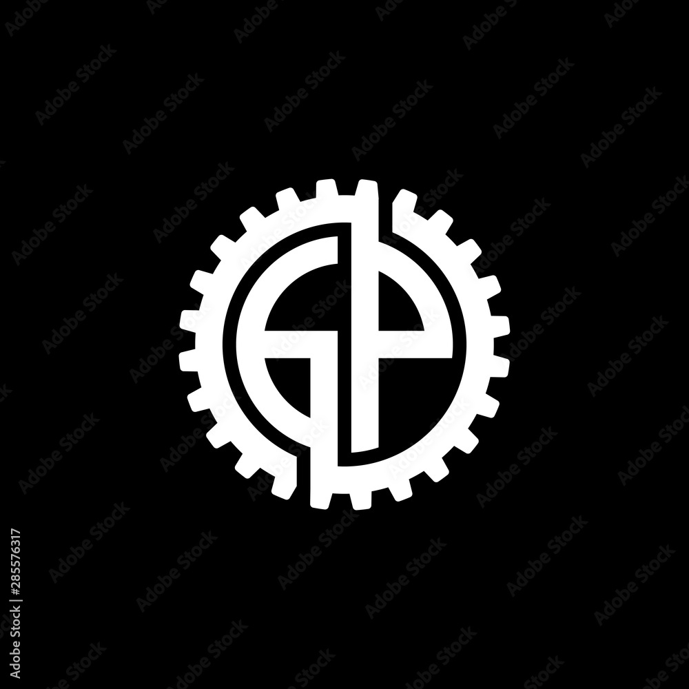 Initial letter G and P, GP, interlock cogwheel gear monogram logo, white color on black background Initial letter G and P, GP, interlock cogwheel gear monogram logo, white color on black background