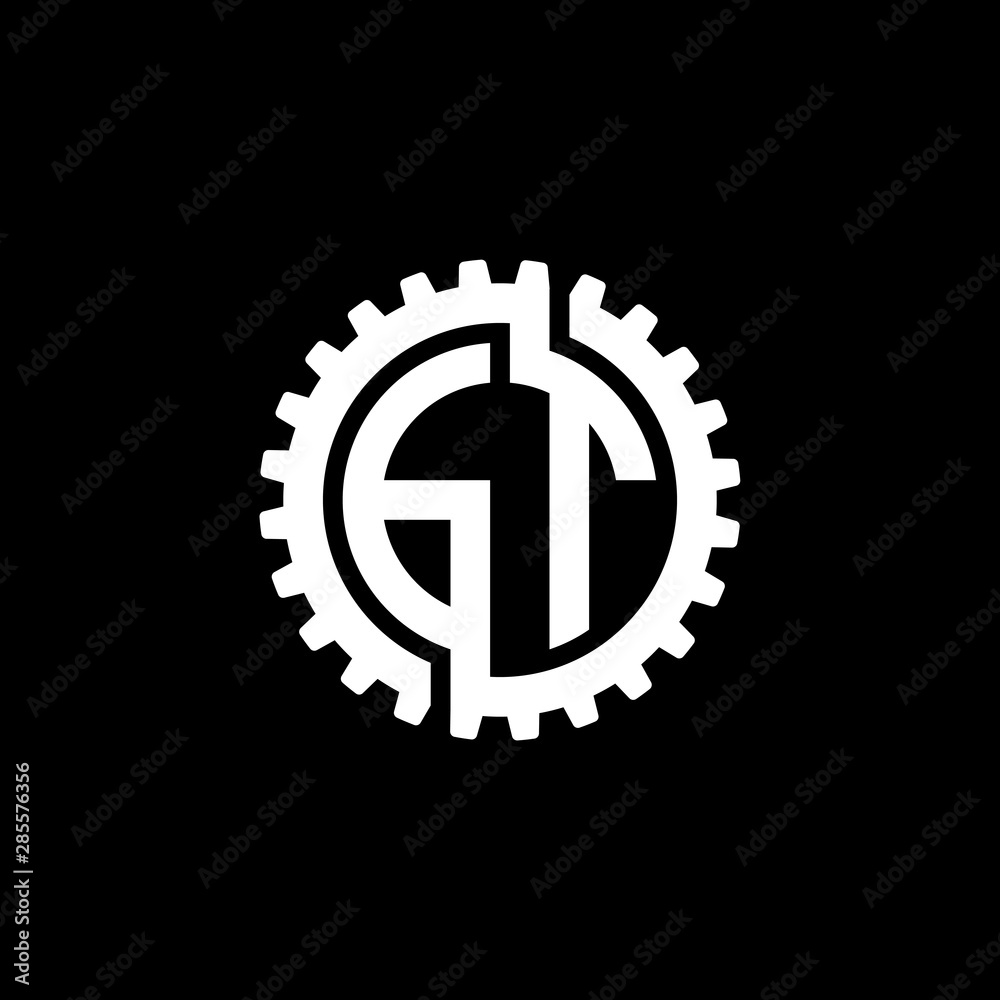 Initial letter G and T, GT, interlock cogwheel gear monogram logo, white color on black background Initial letter G and T, GT, interlock cogwheel gear monogram logo, white color on black background