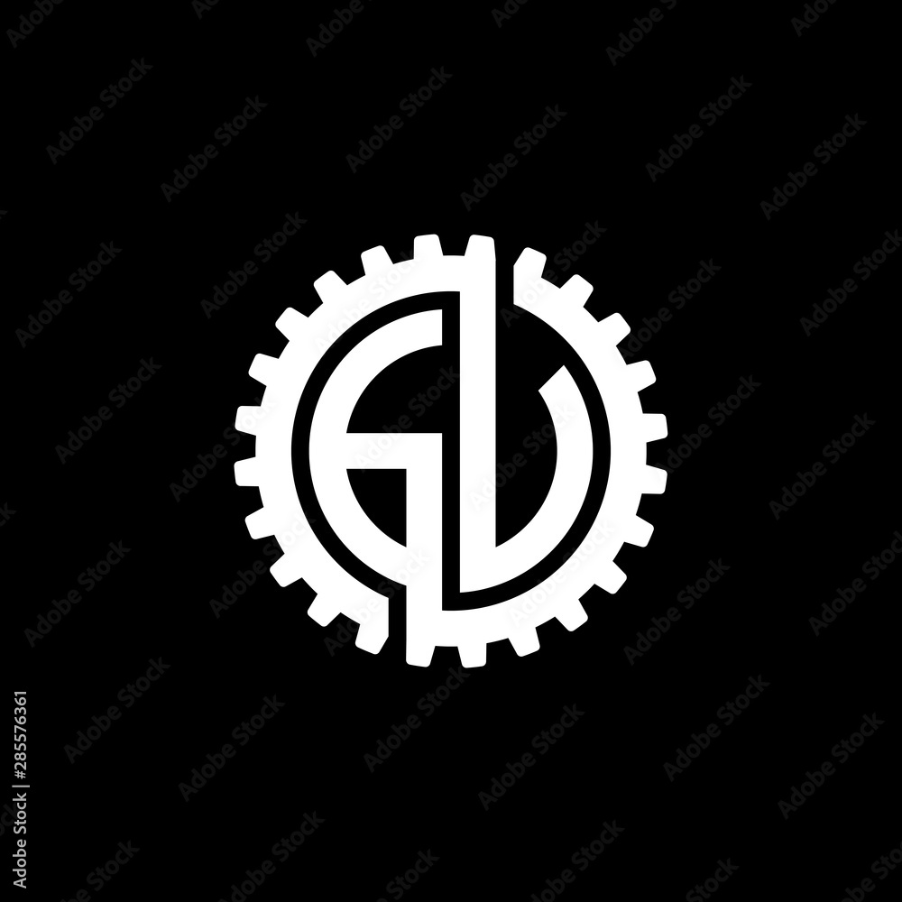 Initial letter G and U, G and V, GU, GV, interlock cogwheel gear monogram logo, white color on black background Initial letter G and U, G and V, GU, GV, interlock cogwheel gear monogram logo, white color on black background