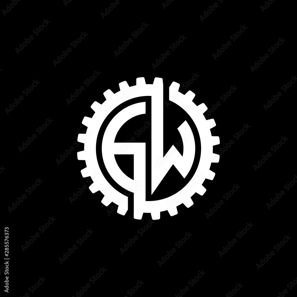 Initial letter G and W, GW, interlock cogwheel gear monogram logo, white color on black background Initial letter G and W, GW, interlock cogwheel gear monogram logo, white color on black background