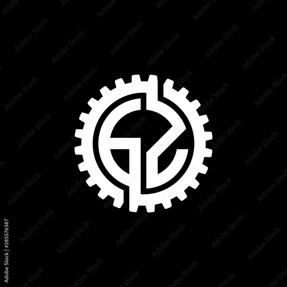 Initial letter G and Z, GZ, interlock cogwheel gear monogram logo, white color on black background Initial letter G and Z, GZ, interlock cogwheel gear monogram logo, white color on black background