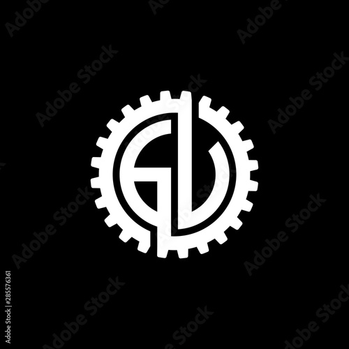 Initial letter G and U, G and V, GU, GV, interlock cogwheel gear monogram logo, white color on black background
