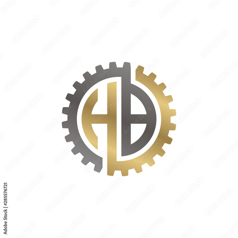 Initial letter H and B, HB, interlock cogwheel gear logo, black gold on white background Initial letter H and B, HB, interlock cogwheel gear logo, black gold on white background