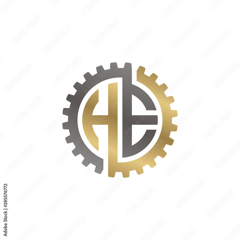 Initial letter H and E, HE, interlock cogwheel gear logo, black gold on white background Initial letter H and E, HE, interlock cogwheel gear logo, black gold on white background