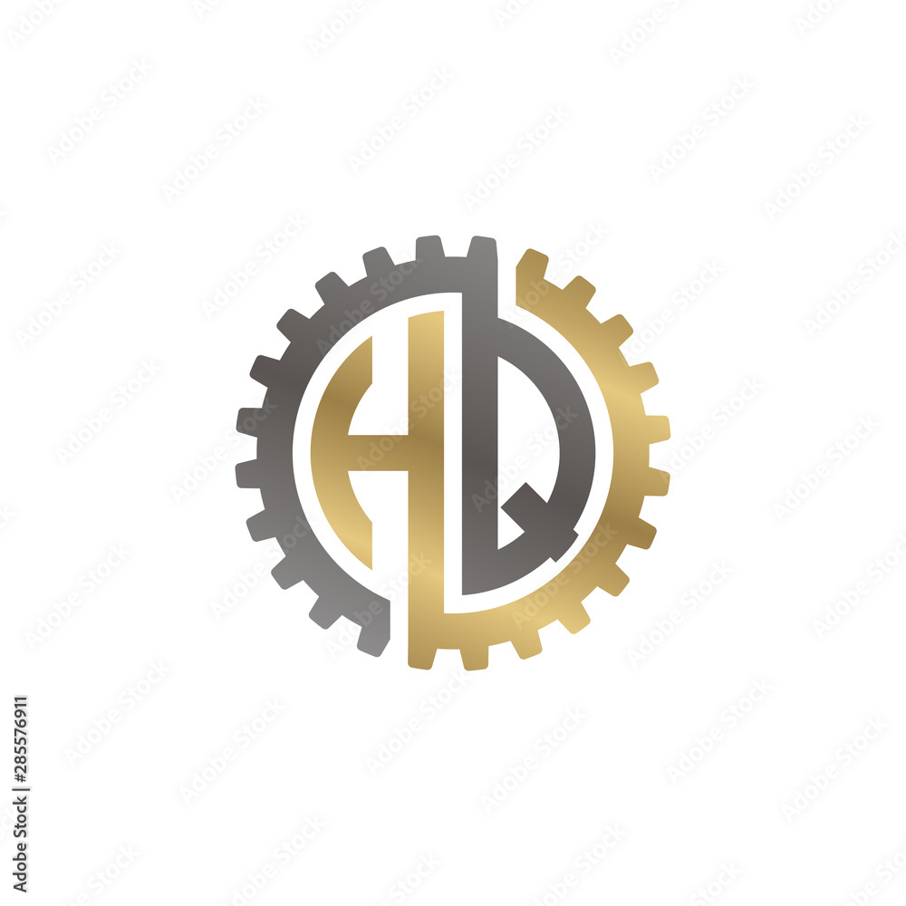 Initial letter H and Q, HQ, interlock cogwheel gear logo, black gold on white background