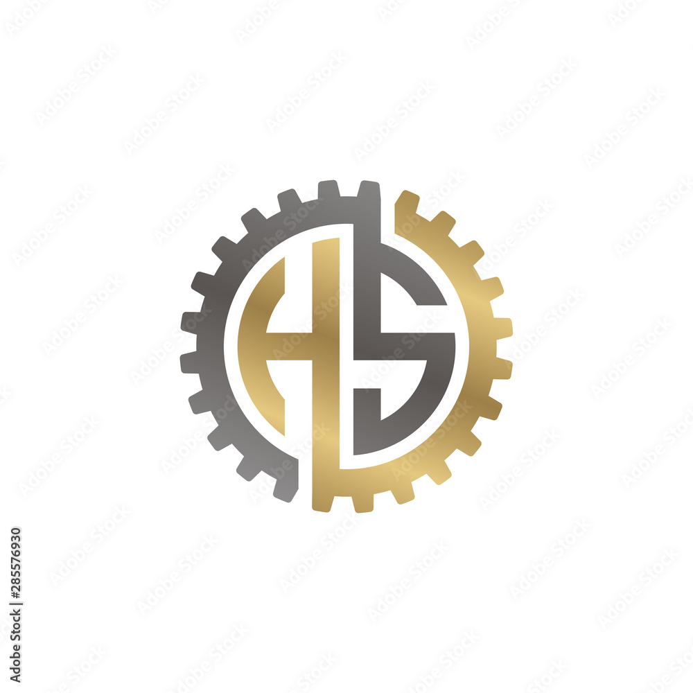 Initial letter H and S, HS, interlock cogwheel gear logo, black gold on white background Initial letter H and S, HS, interlock cogwheel gear logo, black gold on white background