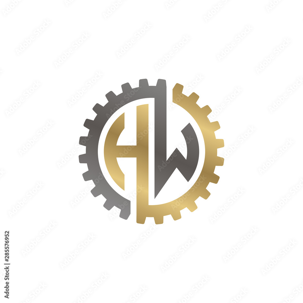 Initial letter H and W, HW, interlock cogwheel gear logo, black gold on white background Initial letter H and W, HW, interlock cogwheel gear logo, black gold on white background