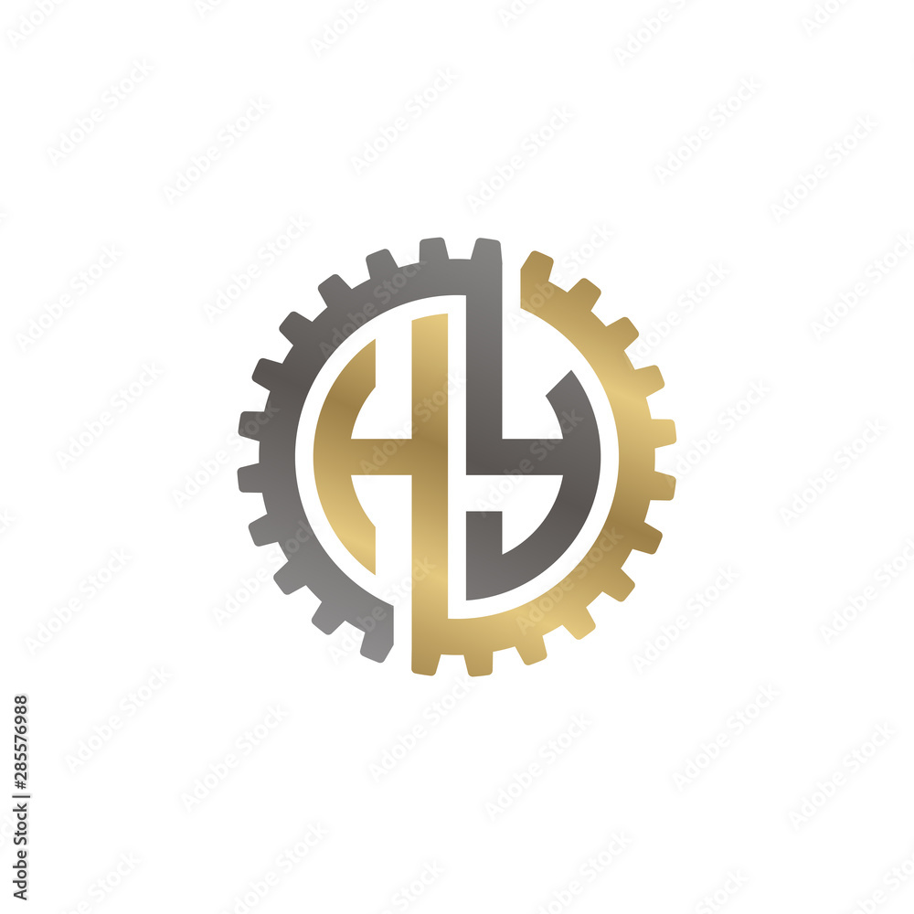 Initial letter H and Y, HY, interlock cogwheel gear logo, black gold on white background Initial letter H and Y, HY, interlock cogwheel gear logo, black gold on white background