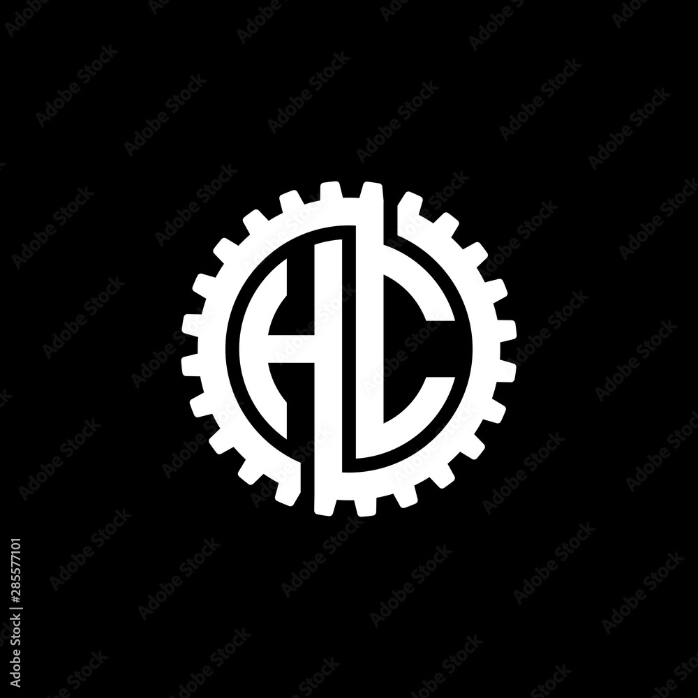 Initial letter H and C, HC, interlock cogwheel gear monogram logo, white color on black background