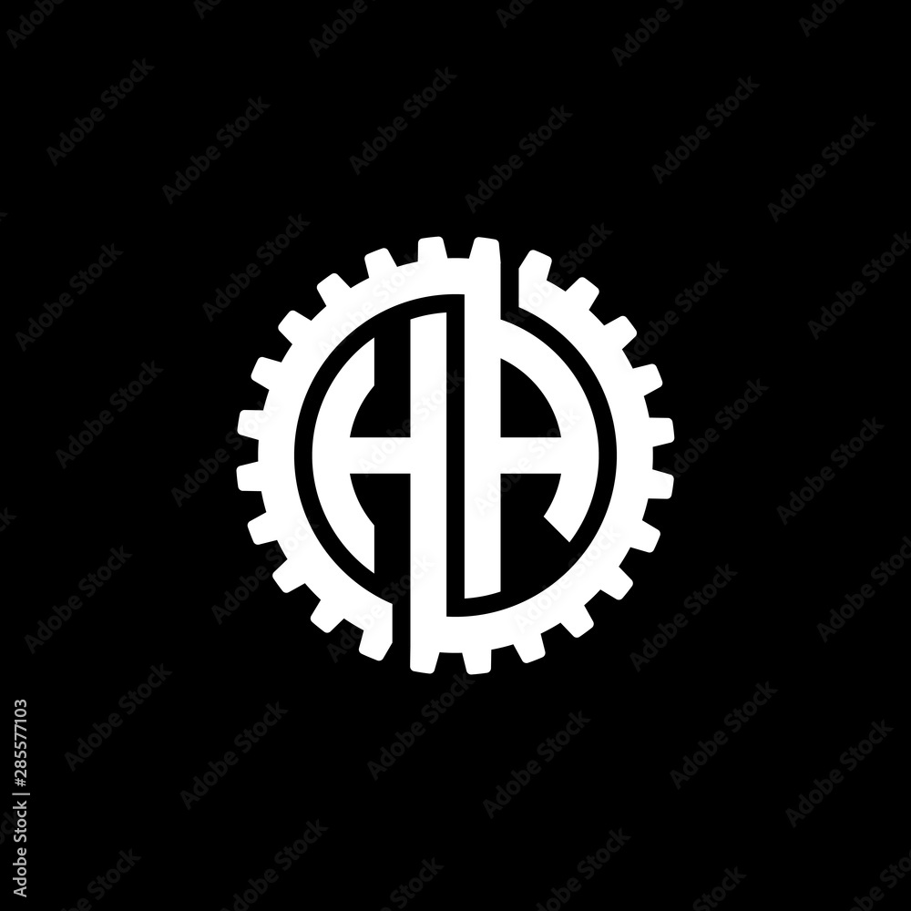 Initial letter H and A, HA, interlock cogwheel gear monogram logo, white color on black background Initial letter H and A, HA, interlock cogwheel gear monogram logo, white color on black background
