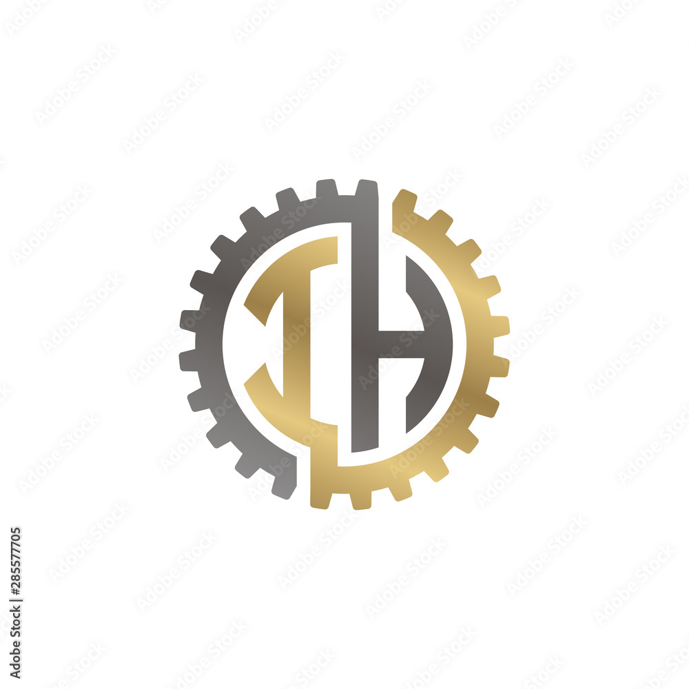 Initial letter I and H, IH, interlock cogwheel gear logo, black gold on white background Initial letter I and H, IH, interlock cogwheel gear logo, black gold on white background