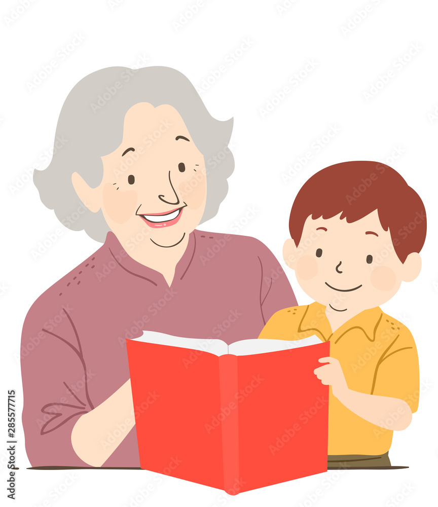 Senior Woman Kid Boy Tutor Read Book Illustration Senior Woman Kid Boy Tutor Read Book Illustration