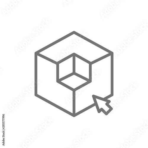 3D modeling, 3 dimensional model, cube geometric shape line icon.