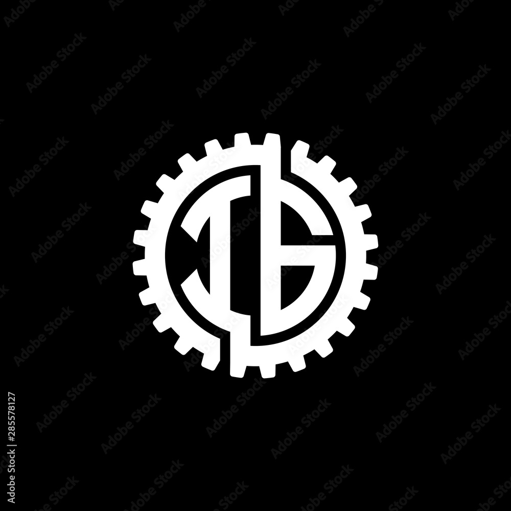 Initial letter I and G, IG, interlock cogwheel gear monogram logo, white color on black background Initial letter I and G, IG, interlock cogwheel gear monogram logo, white color on black background