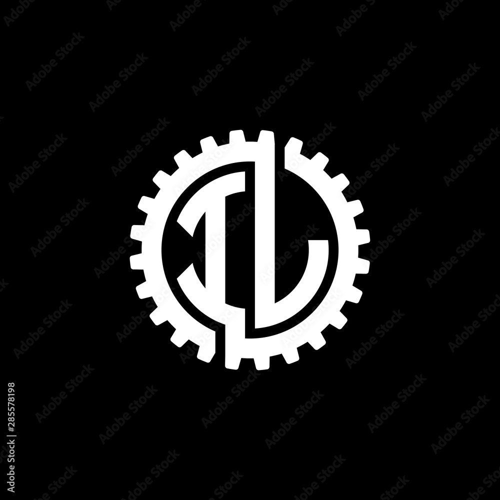 Initial letter I and L, IL, interlock cogwheel gear monogram logo, white color on black background Initial letter I and L, IL, interlock cogwheel gear monogram logo, white color on black background