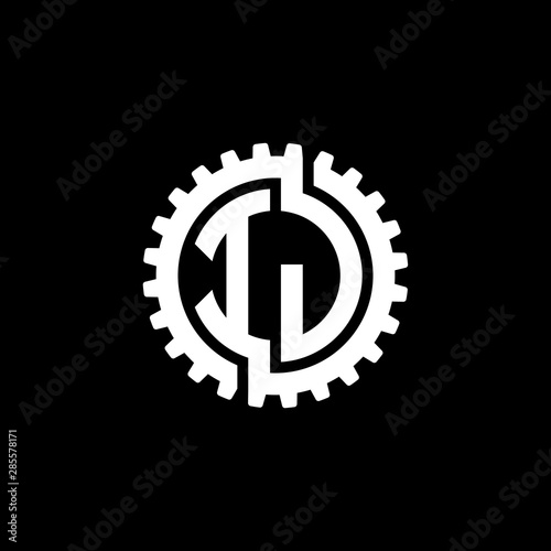 Initial letter I and J, IJ, interlock cogwheel gear monogram logo, white color on black background