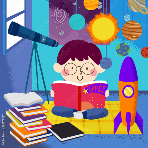 Kid Boy Read Book Space Roo...