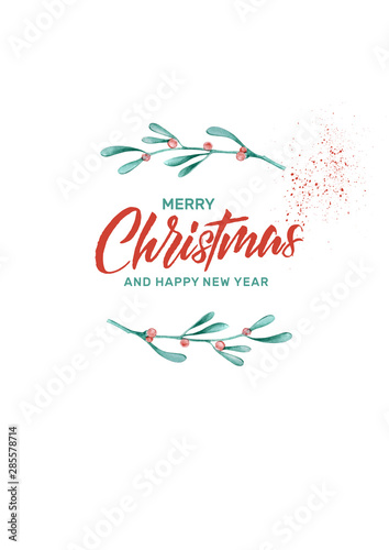 Lettering Merry Christmas, watercolor vintage card.