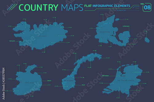 Iceland, Norway, Ireland, Netherlands and Denmark Vector Maps