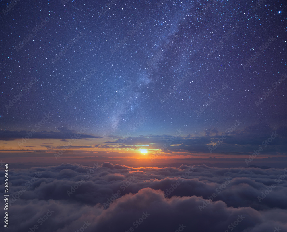 Beauty in nature background. Milky way with sunset and cloud in purple blue tone.