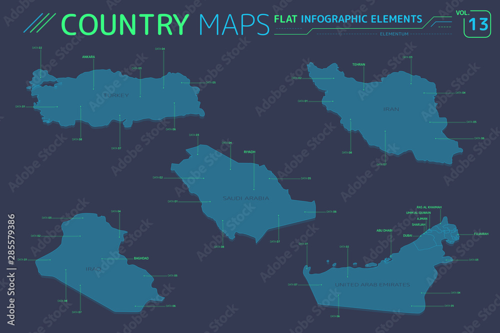 Iraq, Saudi Arabia, Iran, United Arab Emirates and Turkey Vector Maps