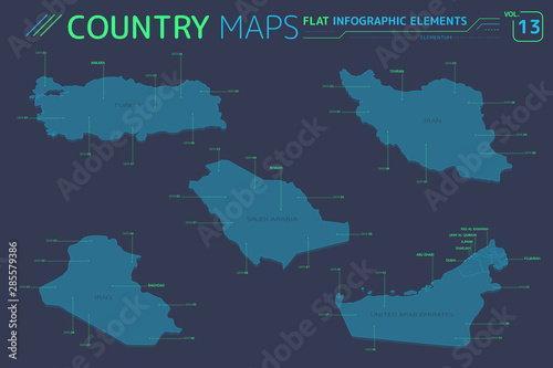 Iraq, Saudi Arabia, Iran, United Arab Emirates and Turkey Vector Maps