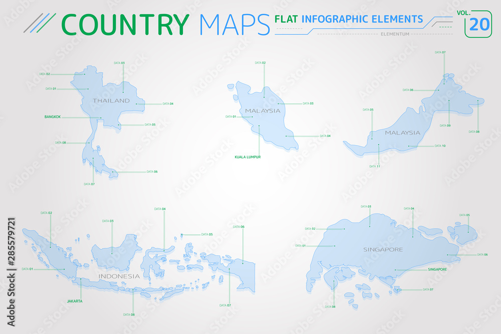 Thailand, Malaysia, Indonesia and Singapore Vector Maps