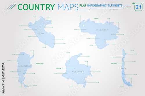 Peru, Venezuela, Colombia, Argentina and Chile Vector Maps