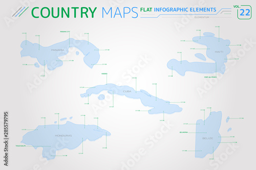 Panama, Cuba, Haiti, Honduras and Belize Vector Maps