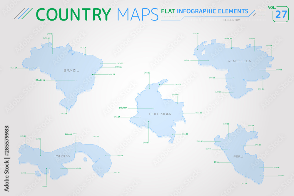 Brazil, Venezuela, Colombia, Peru and Panama Vector Maps