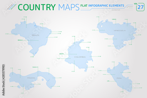 Brazil, Venezuela, Colombia, Peru and Panama Vector Maps