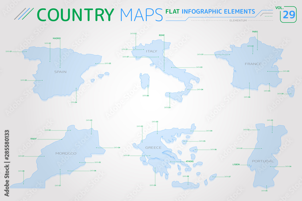 Spain, Morocco, France, Portugal, Italy and Greece Vector Maps