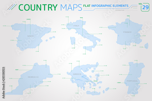 Spain  Morocco  France  Portugal  Italy and Greece Vector Maps