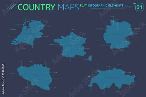 Germany, France, Belgium, Netherlands and Switzerland Vector Maps