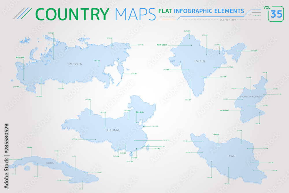 Fototapeta premium Russia, India, China, North Korea, Cuba and Iran Vector Maps