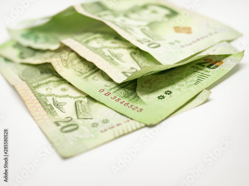 Banknotes Thai,Twenty baht,closeup,Thailand,money, isolated on white background,exchange,business investment concept