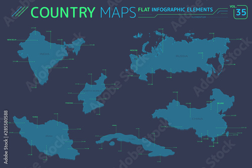 Russia, China, North Korea, India, Cuba and Iran Vector Maps